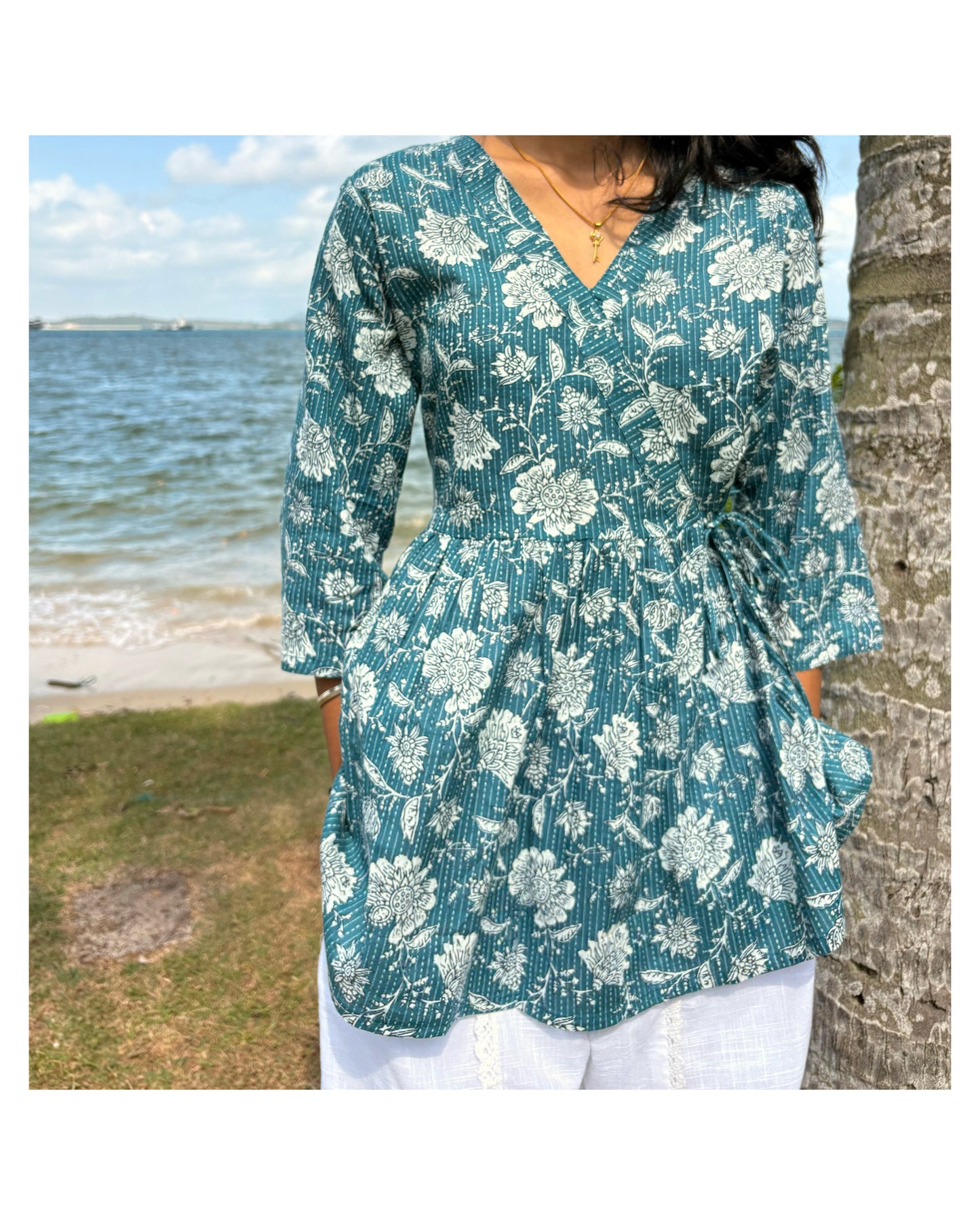 Turquoise Floral Cotton Peplum Top