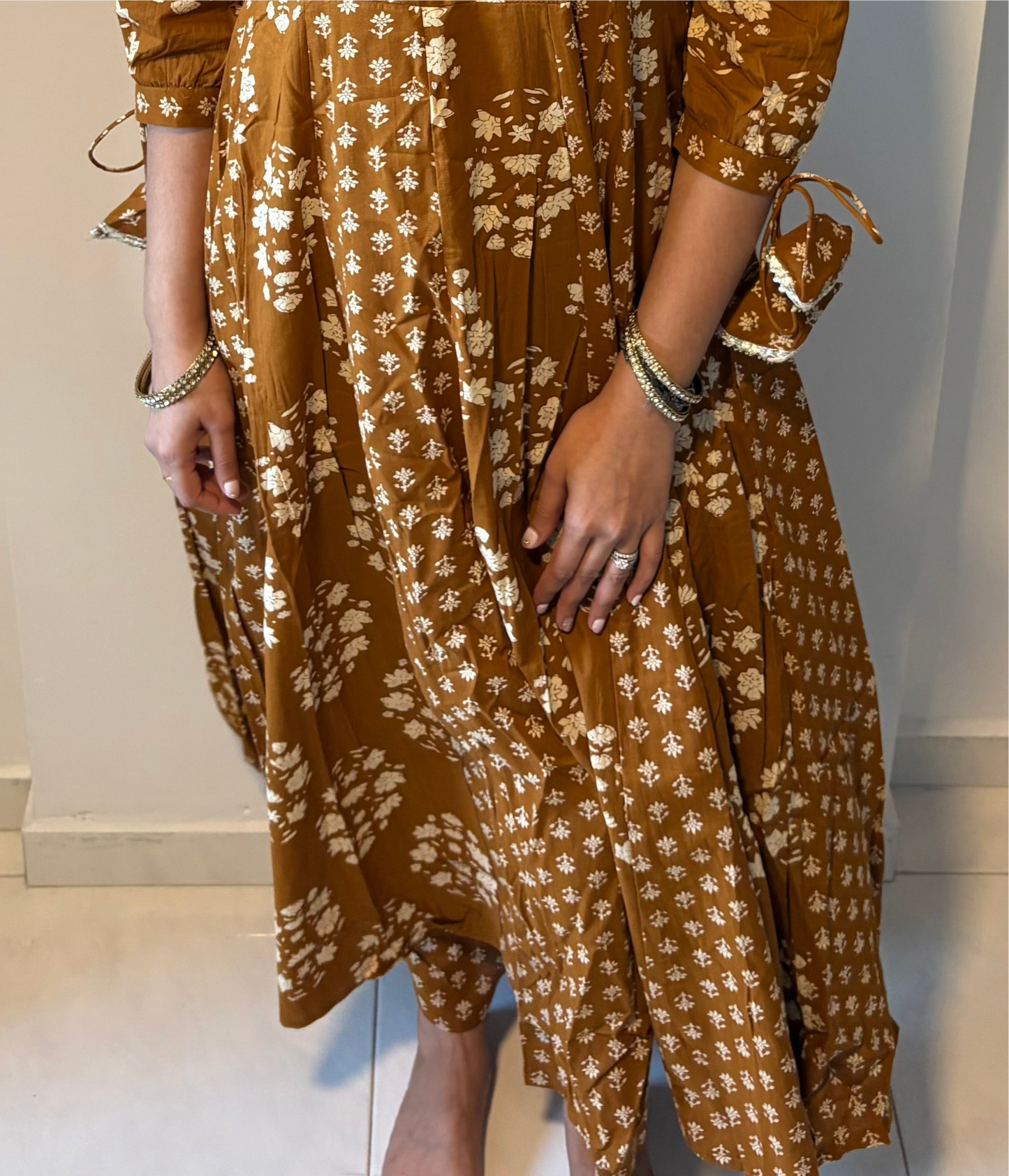 Gold Brown Anarkali Cotton Suit