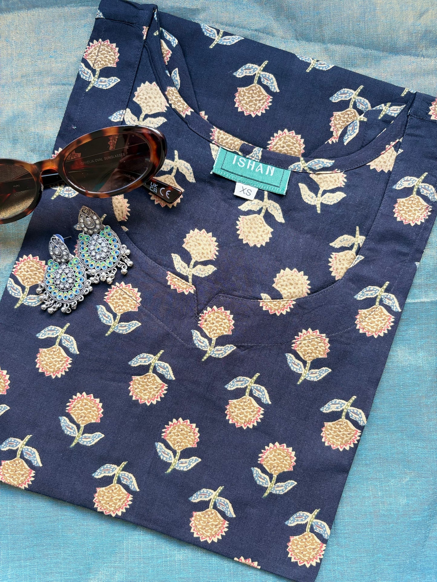 Black Floral Short Cotton Short Kurti Top