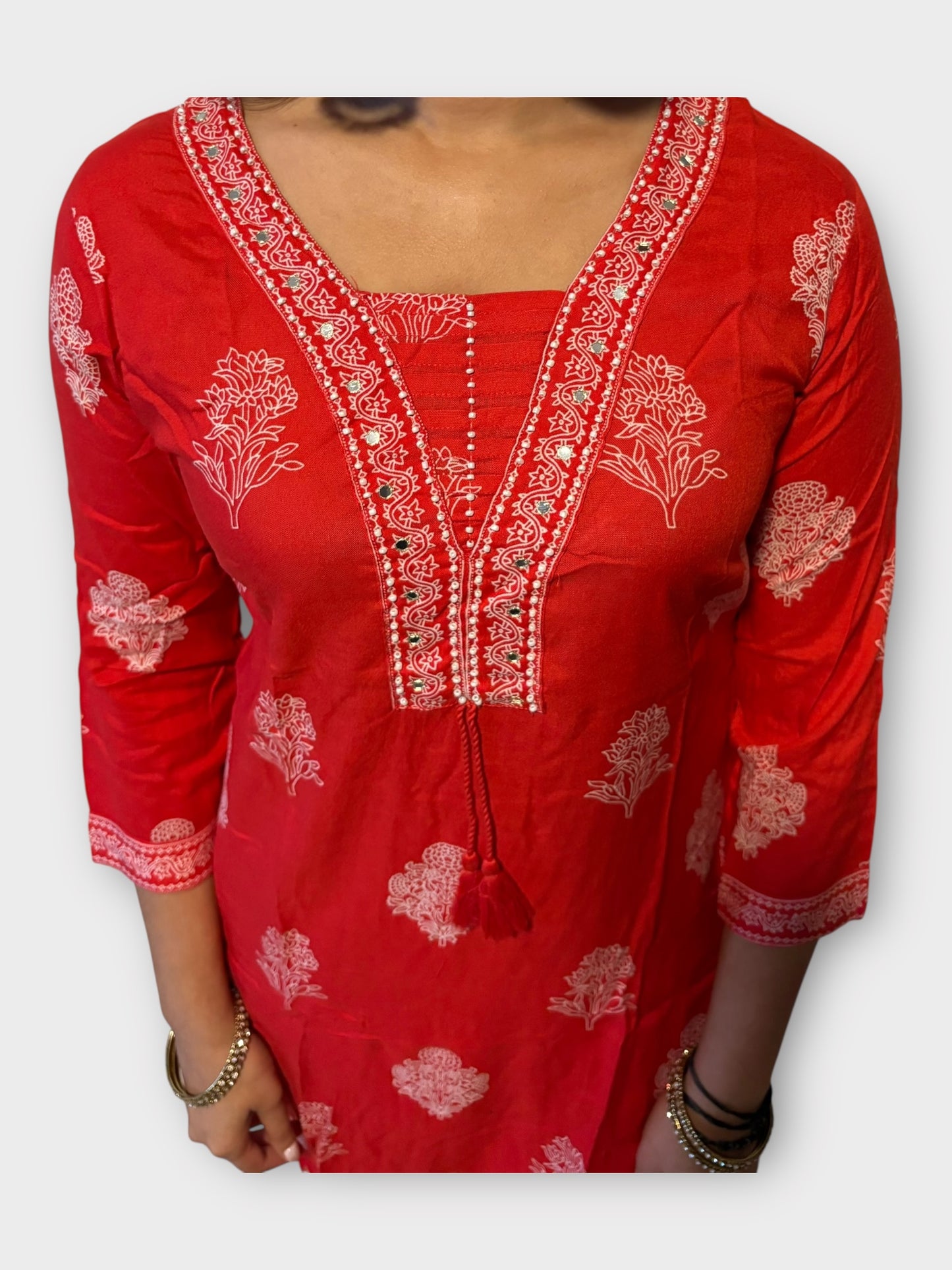 Chilli Red Embroidered Rayon Suit
