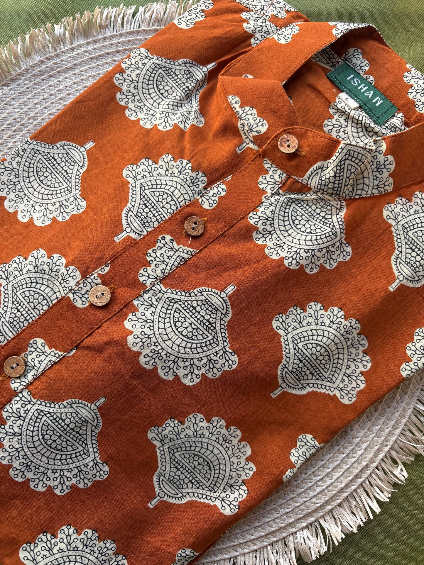Burnt Orange x White Printed Cotton Kurta