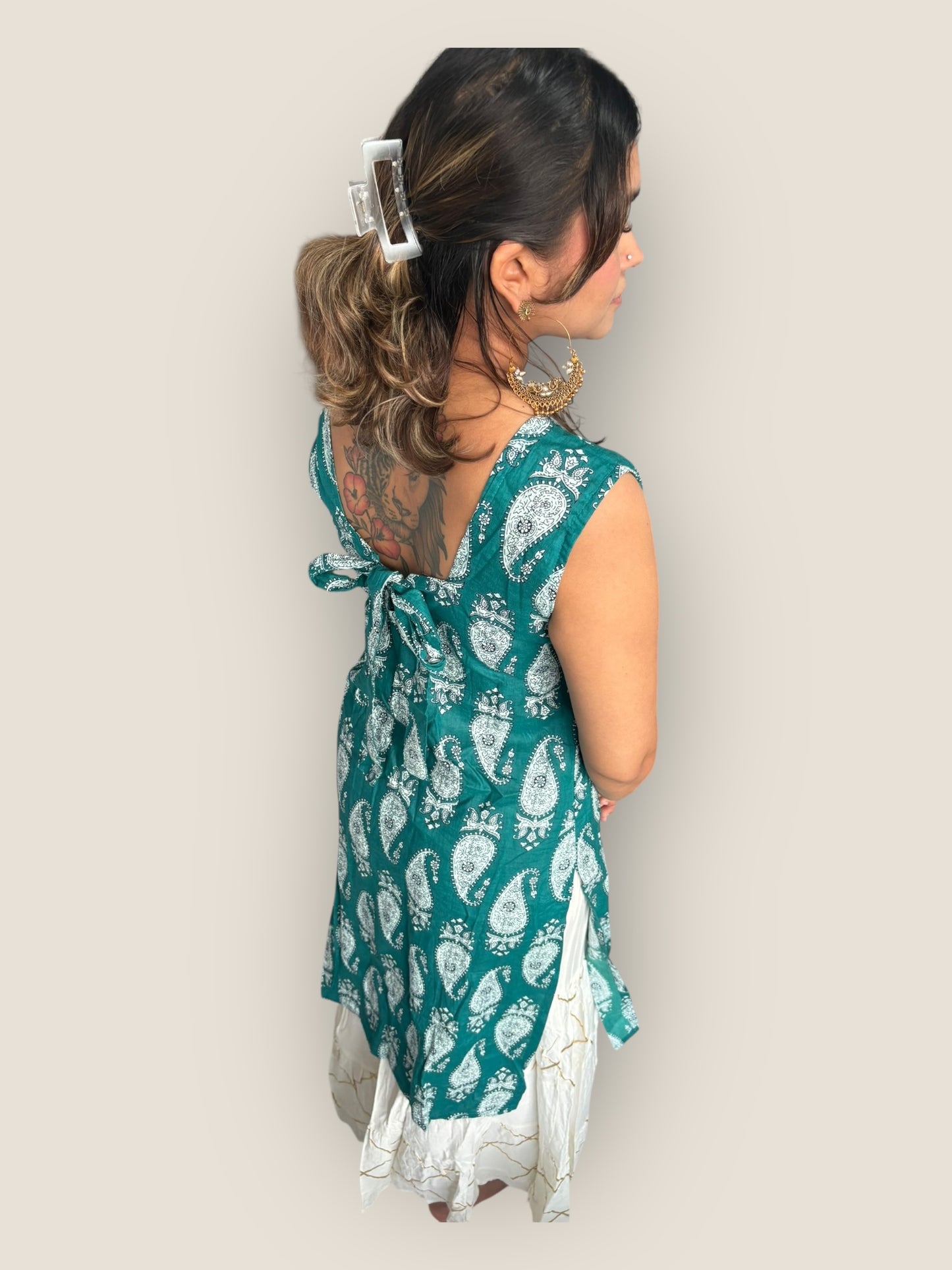 RETRO -Turqoise Bow Back Long Kurti