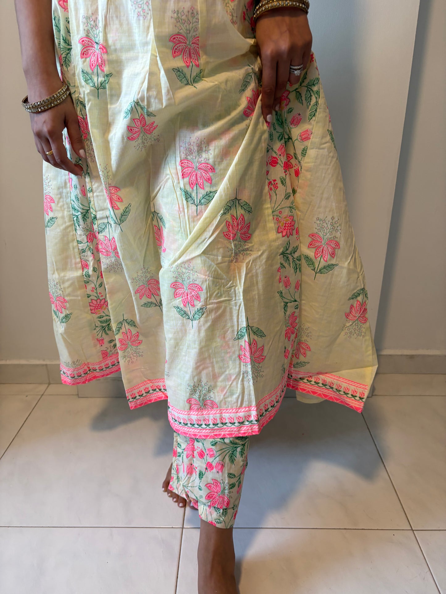 Light Pista Green x Pink Embroidered Cotton Suit