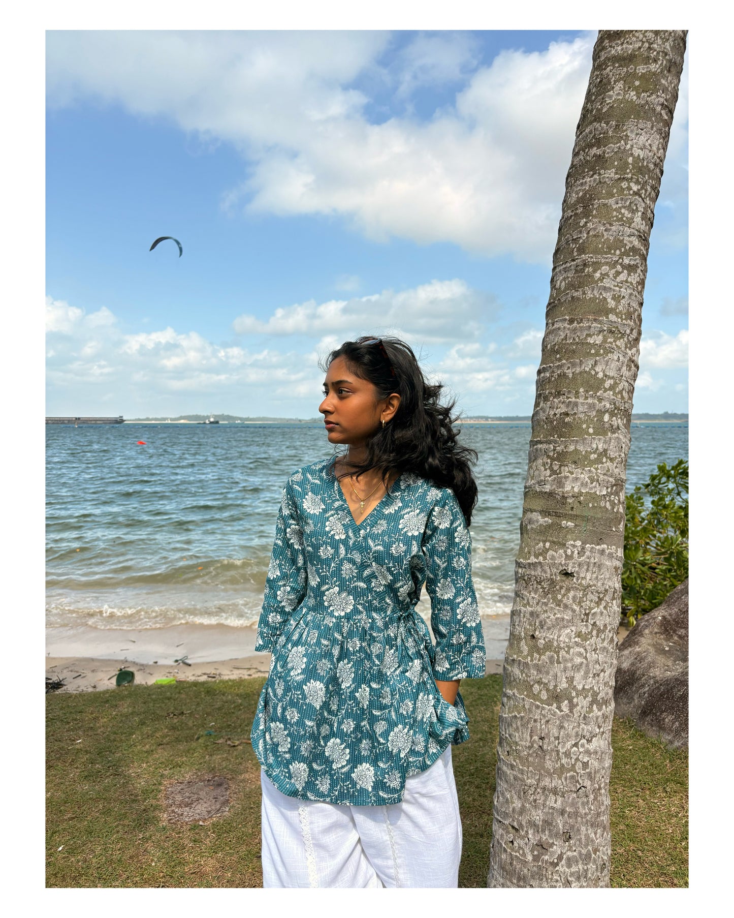 Turquoise Floral Cotton Peplum Top