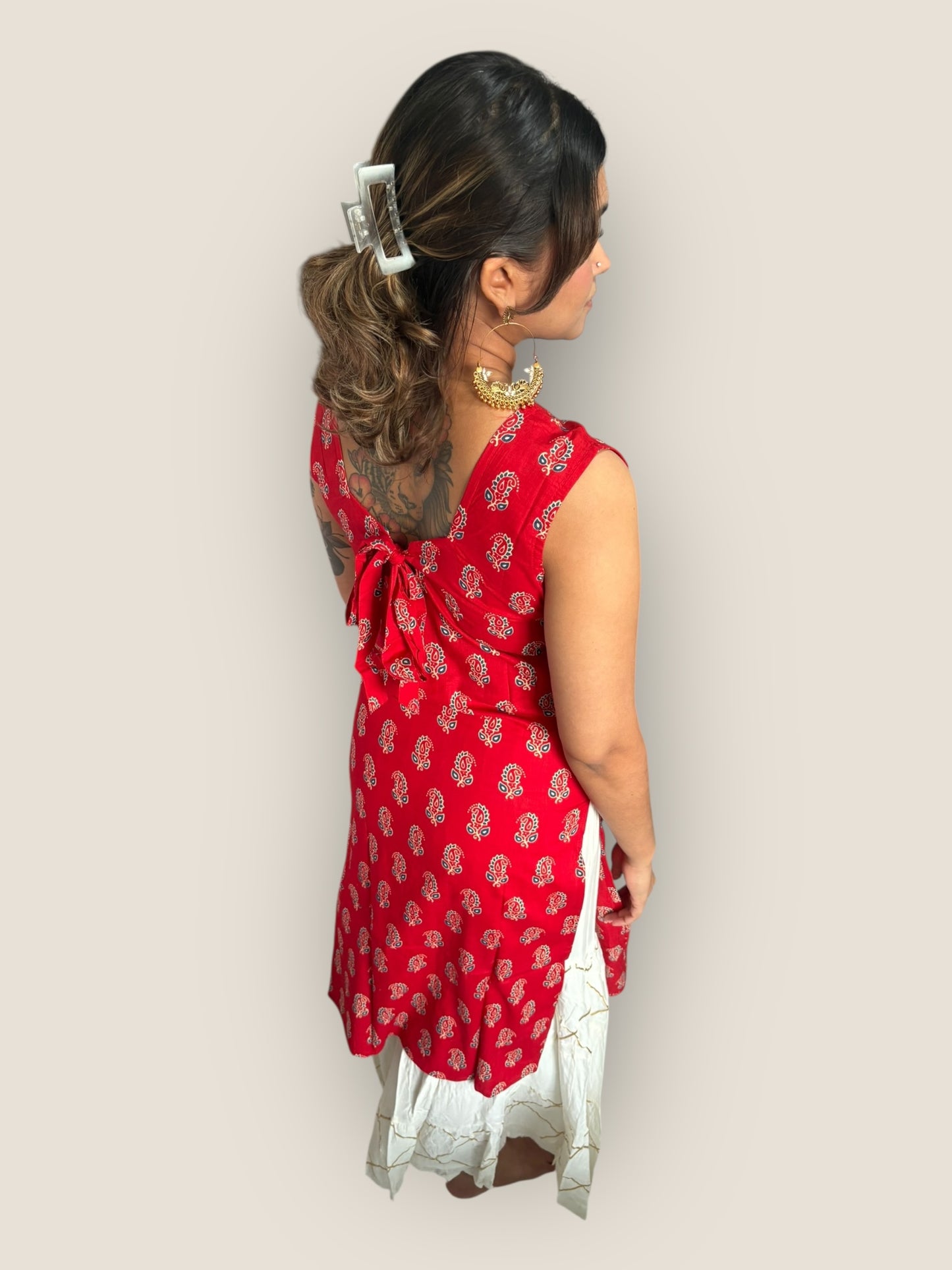 RETRO - Chilli Red Bow Back Long Kurti
