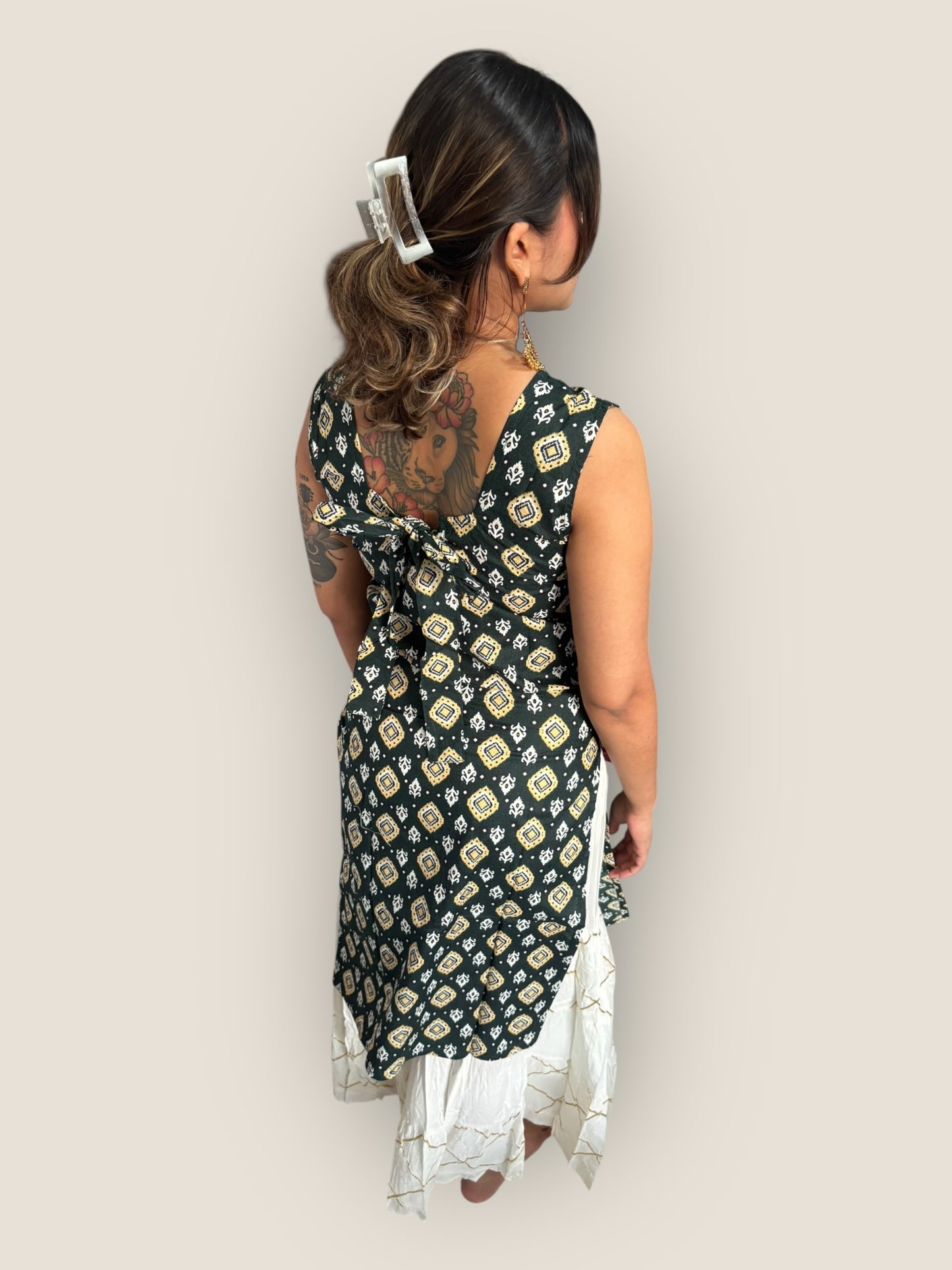 RETRO - Dark green Bow Back Long Kurti