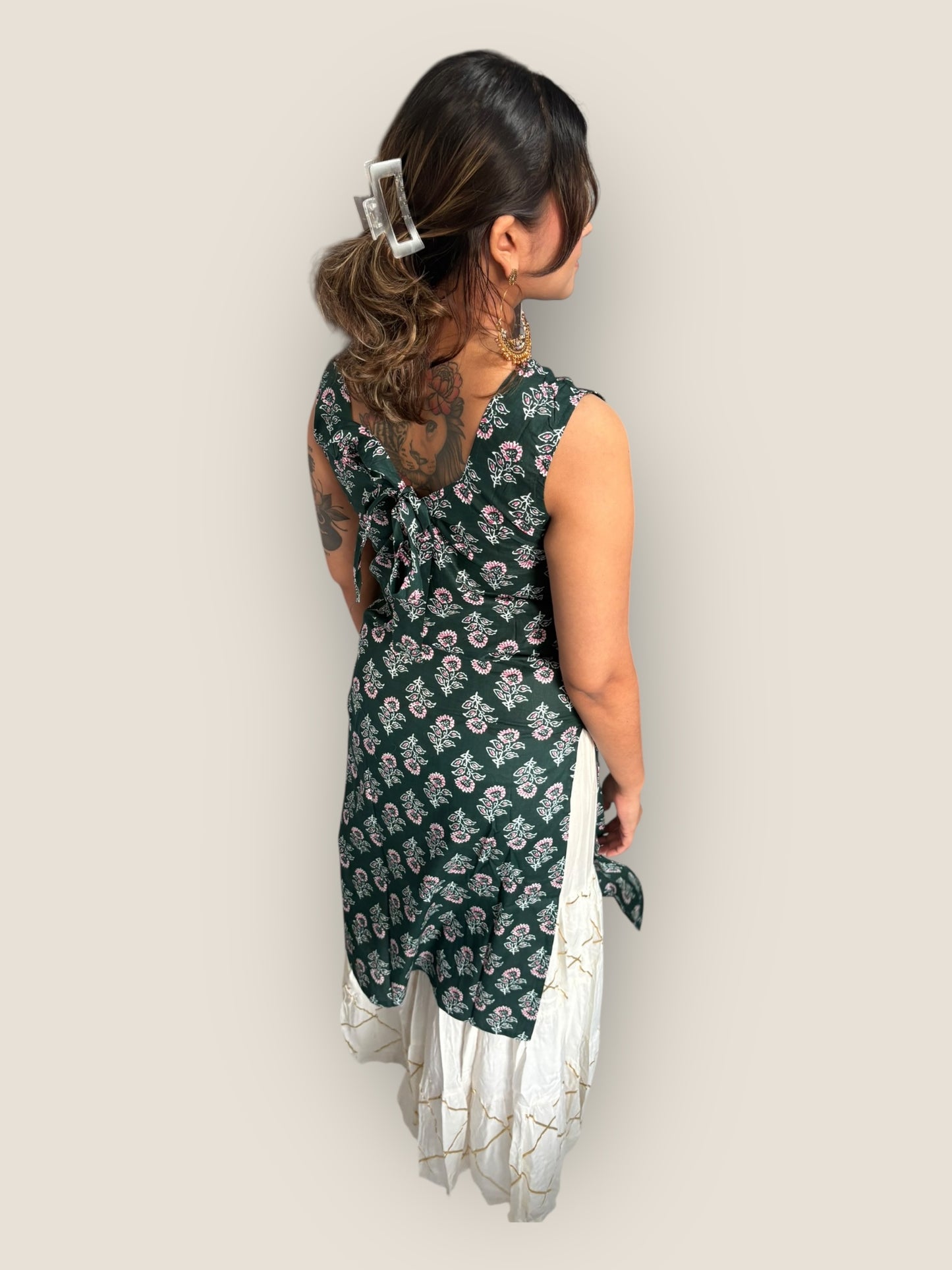 RETRO - Bottle Green Bow Back Long Kurti