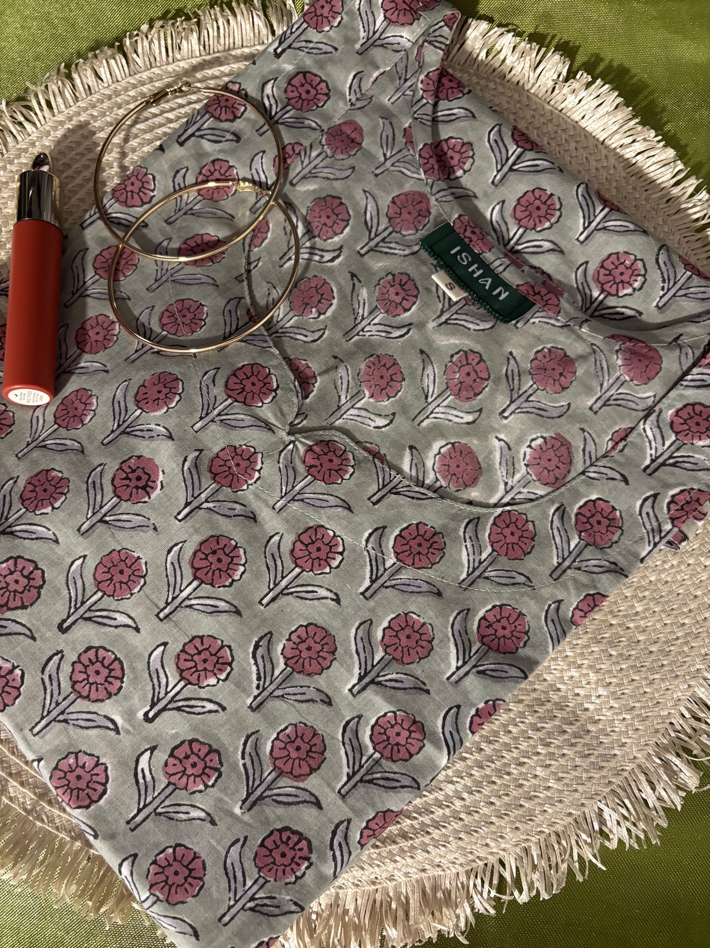 Grey w Purple Floral Cotton Short Top