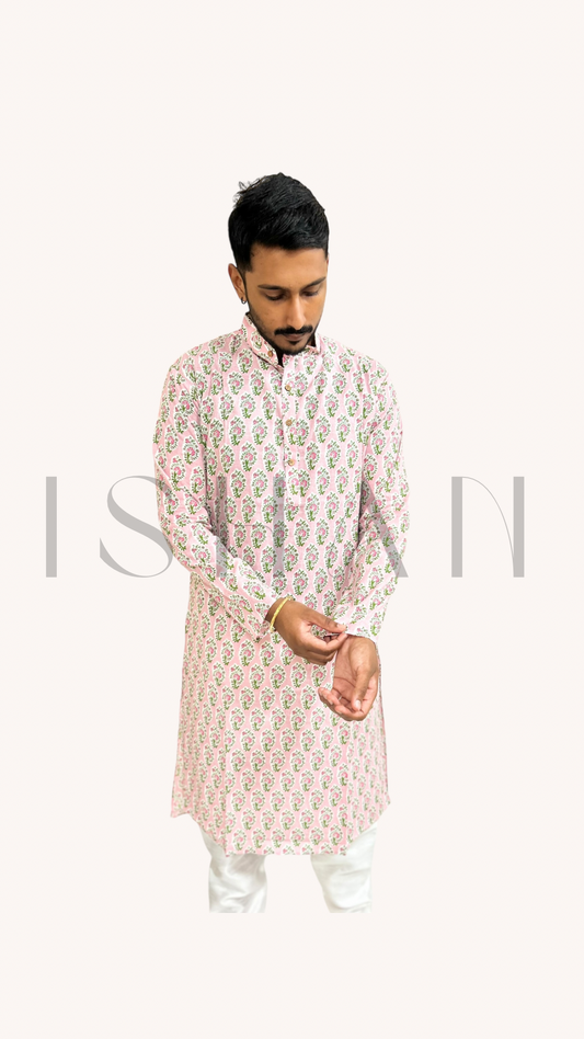 Baby Pink Floral Motifs Printed Cotton Kurta