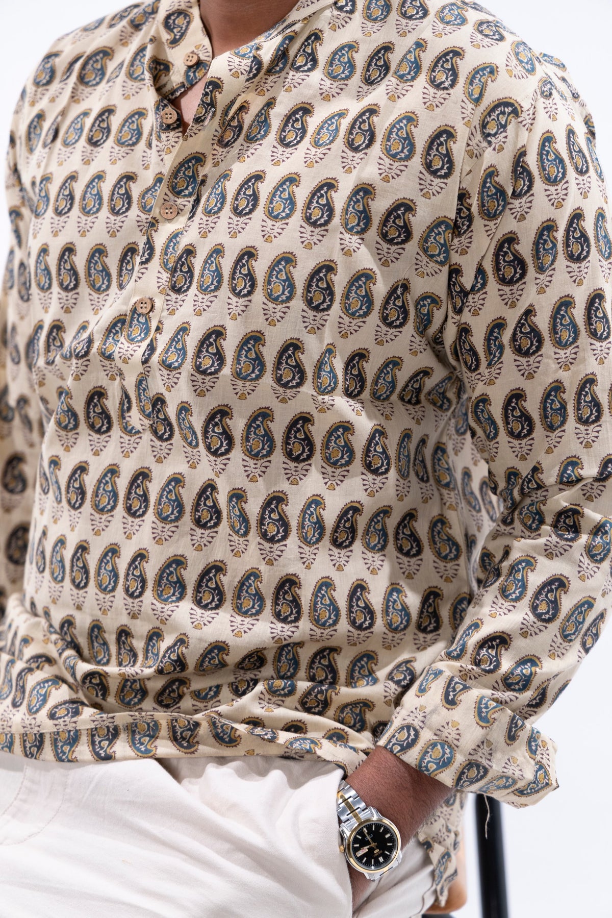 Cream x Multi-Colour Paisley Cotton Short Kurta