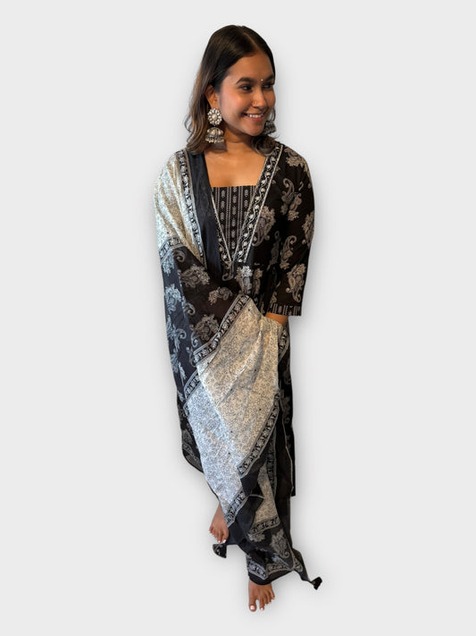 Black Paisley Embroidered Cotton Suit