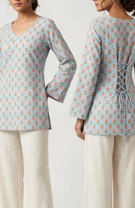 Light Blue Floral Cotton Corset Kurti