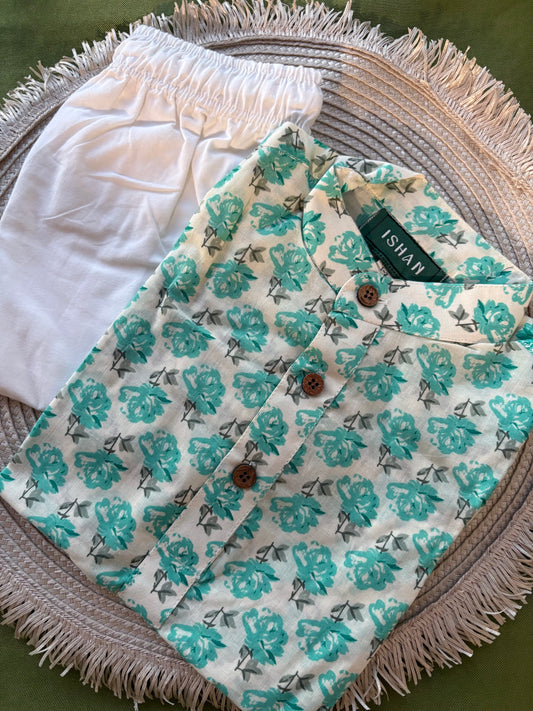 White & Blue Floral short-sleeved Cotton Kurta Pant Set