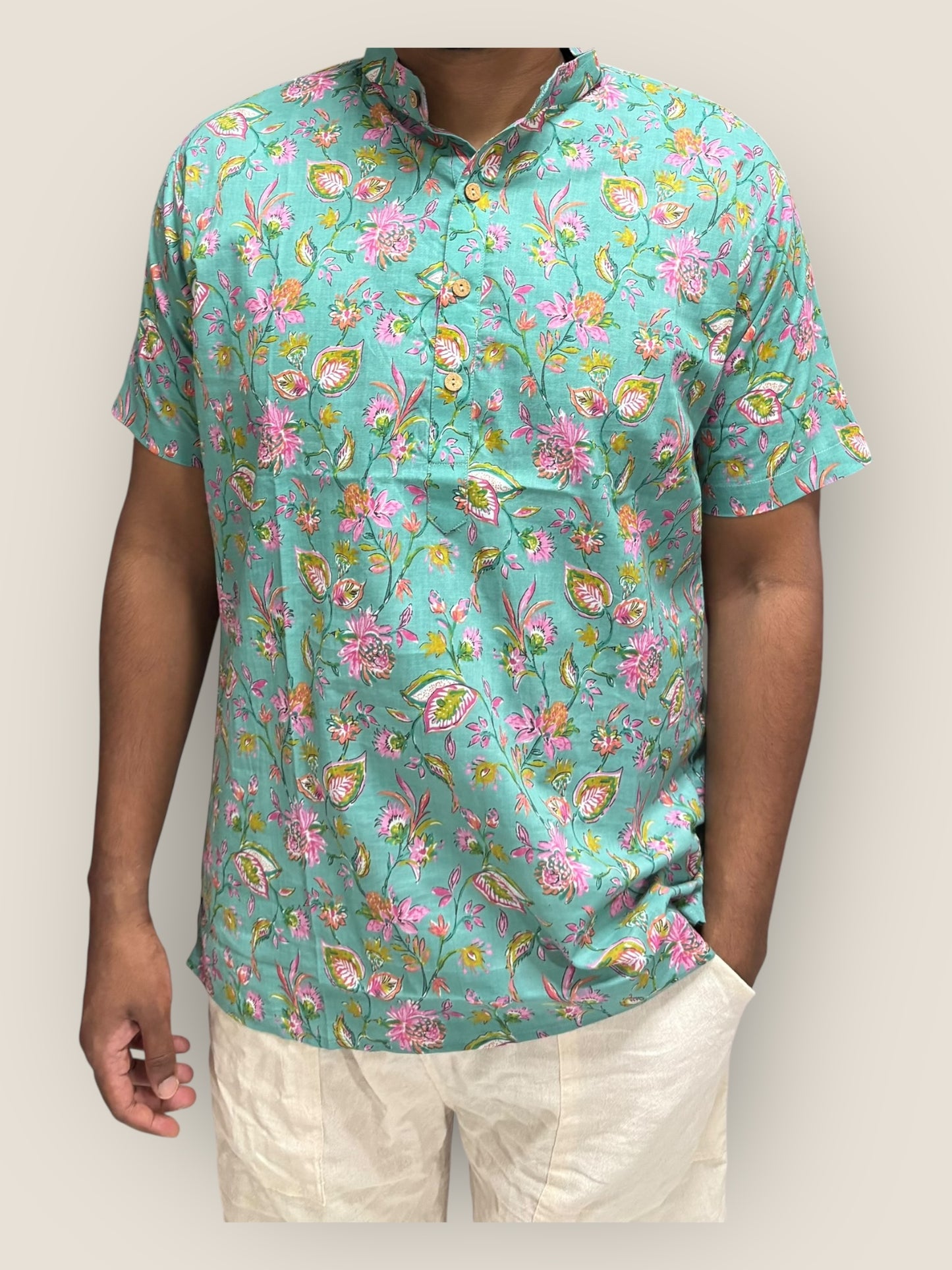 Turquoise Floral Cotton Kurta