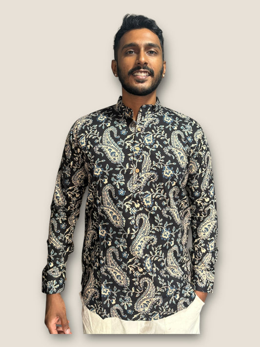 Black x Blue Paisley Printed Cotton Kurta