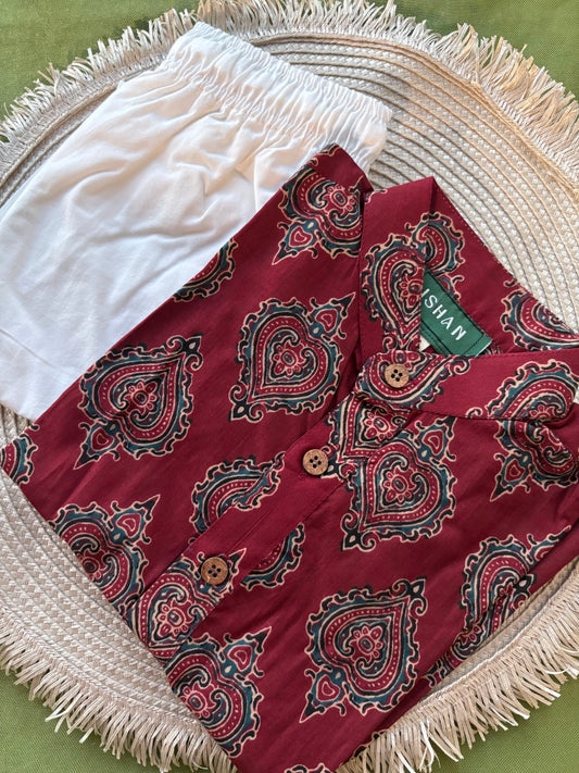 Maroon Spade short-sleeved Cotton Kurta Pant Set
