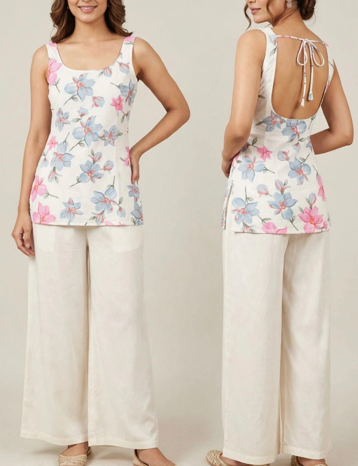 Blue x Pink Florals on White Cotton Kurti