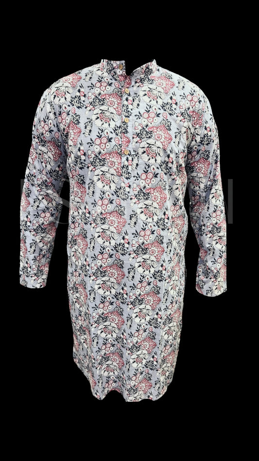 Grey Floral Printed Cotton Kurta