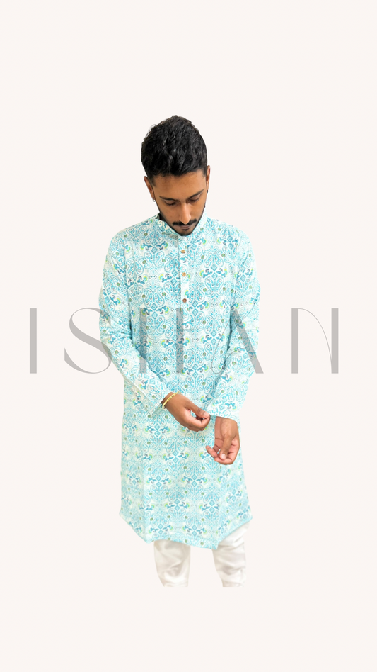 Light Blue on White Paisley Printed Cotton Kurta