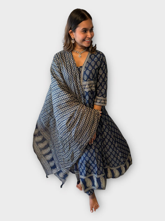 Blue Anarkali Cotton Suit