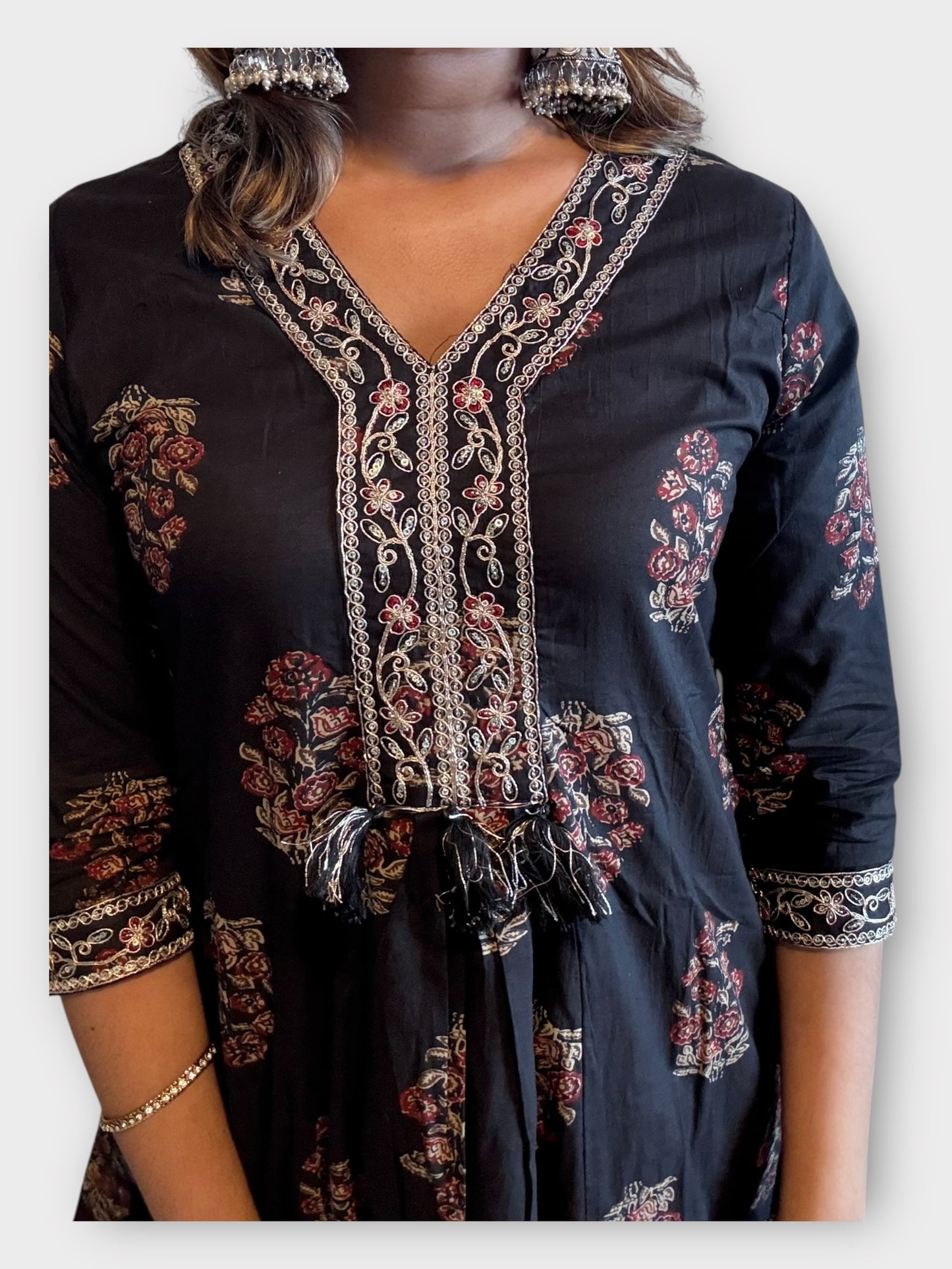 Black Floral Embroidered Cotton Suit