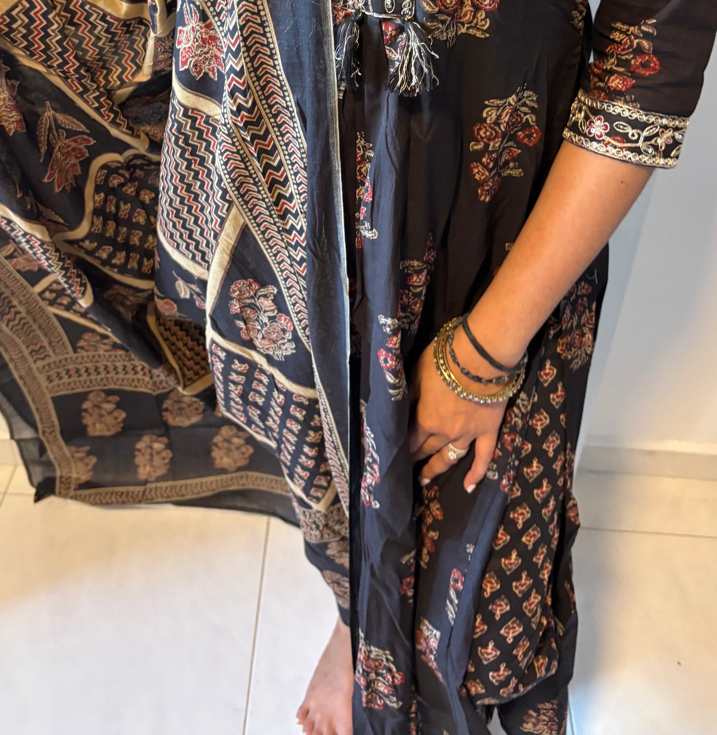 Black Floral Embroidered Cotton Suit
