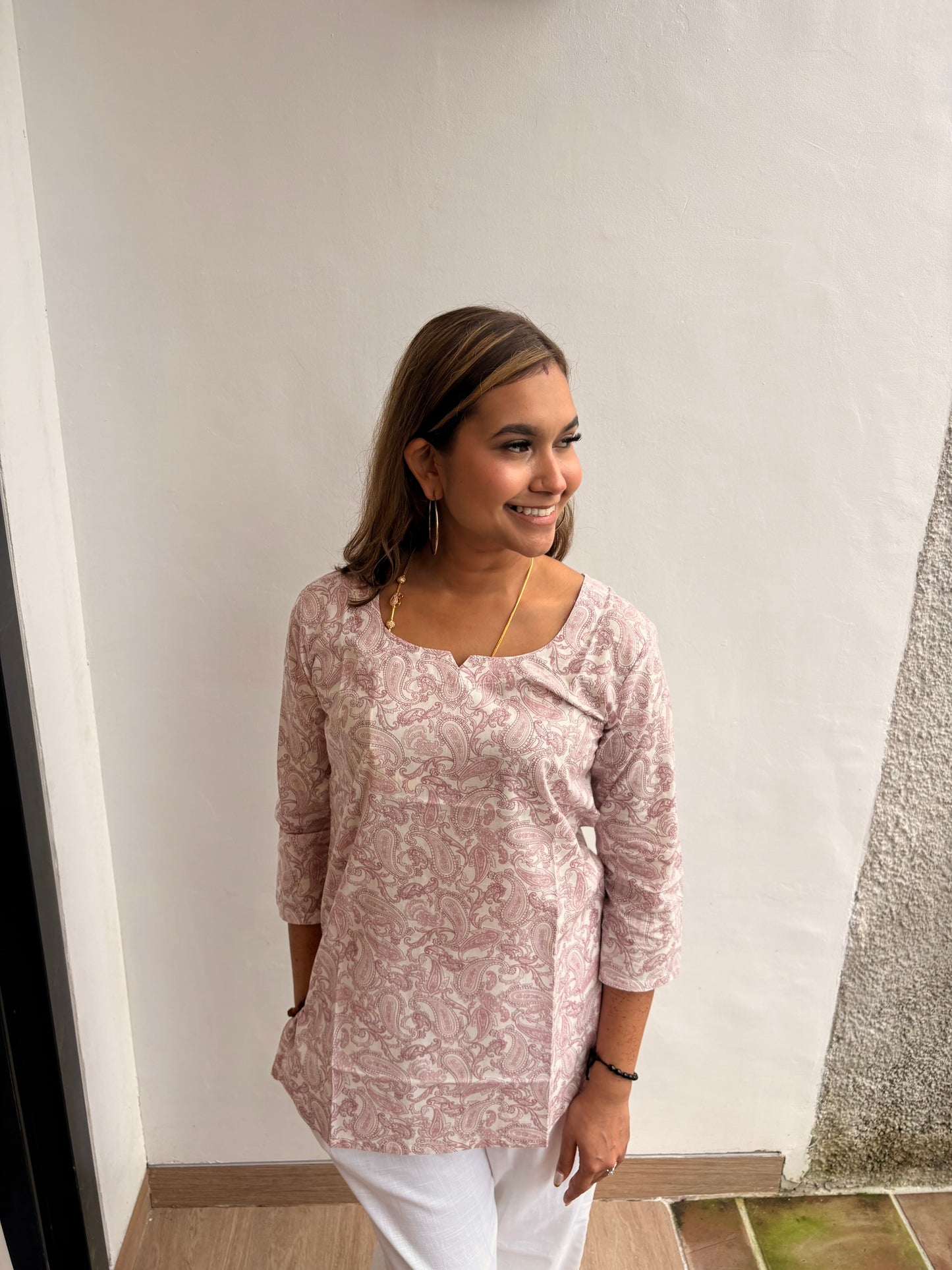 Paisley Pink on white Cotton Short Kurti Top