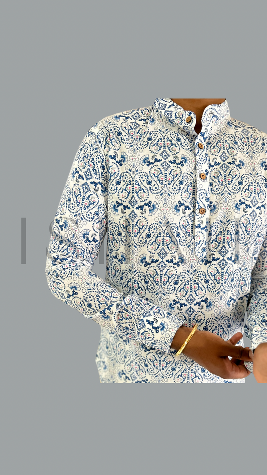 White with Blue Paisley Printed Cotton Kurta