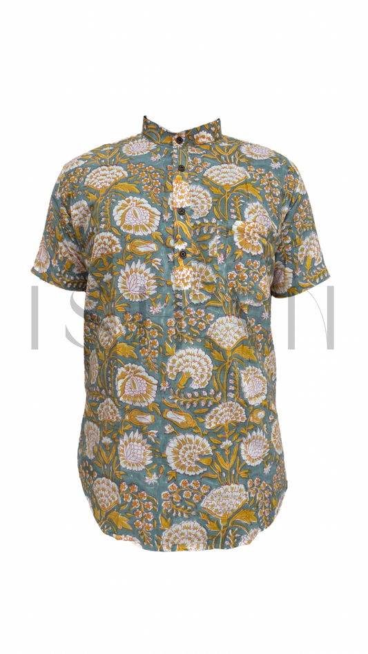 Muted Teal Floral Printed Cotton Kurta