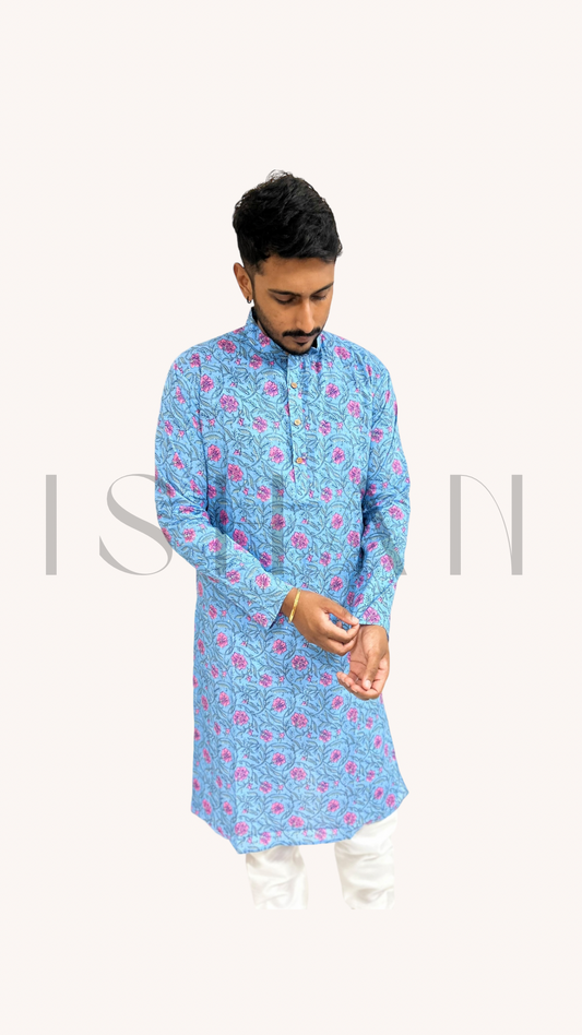 Light Blue with Pink Florals Cotton Kurta