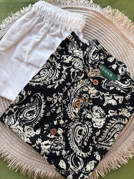 Black Maanga short-sleeved Cotton Kurta Pant Set