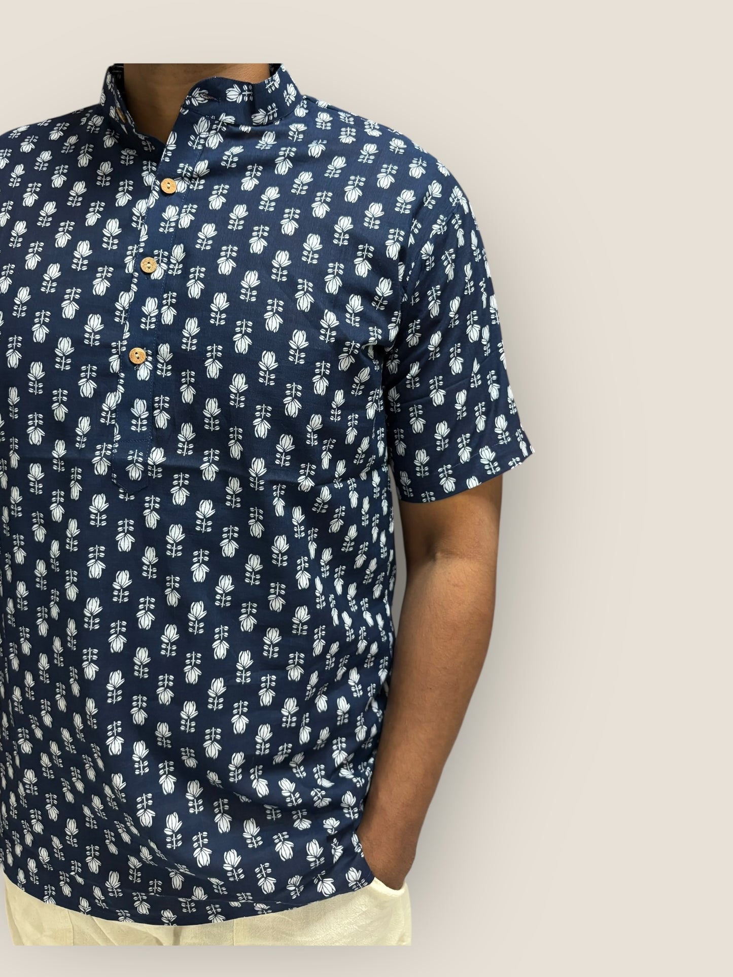 Navy Blue Floral Cotton Kurta