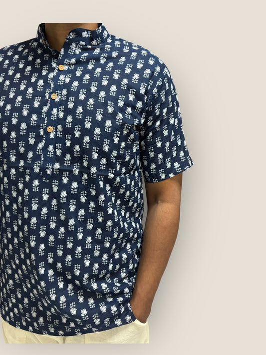 Navy Blue Floral Cotton Kurta