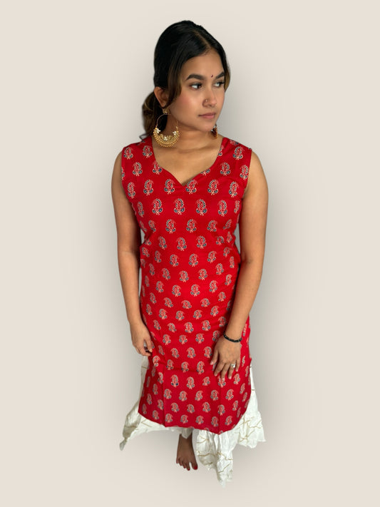 RETRO - Chilli Red Bow Back Long Kurti