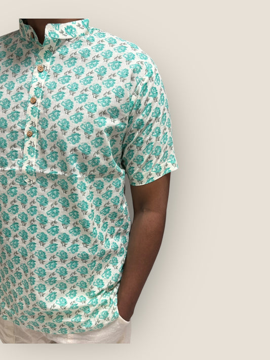 White & Blue Floral Cotton Kurta