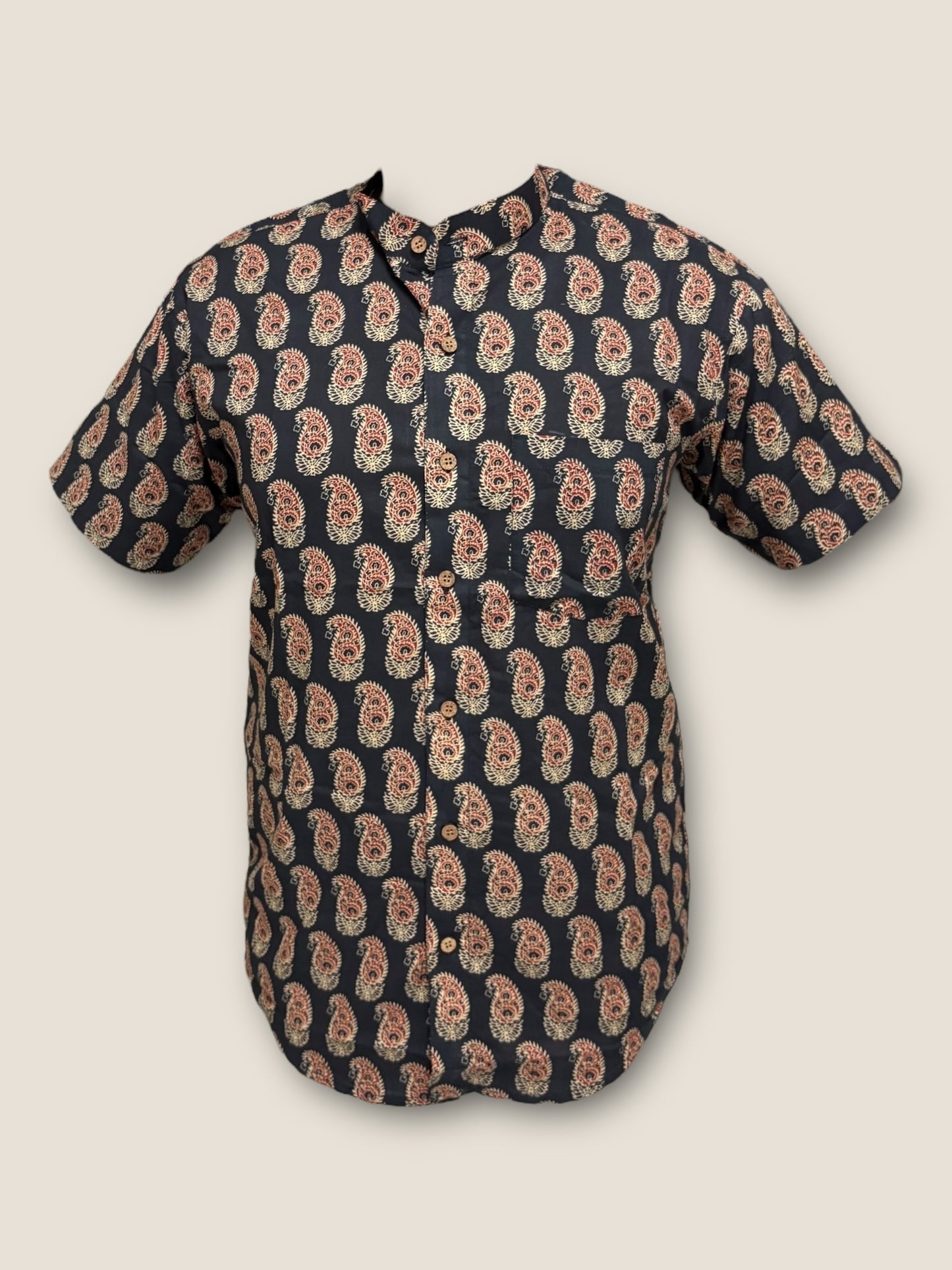 Black Cotton Mandarin Collar Shirt