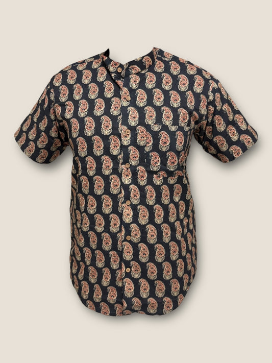 Black Cotton Mandarin Collar Shirt