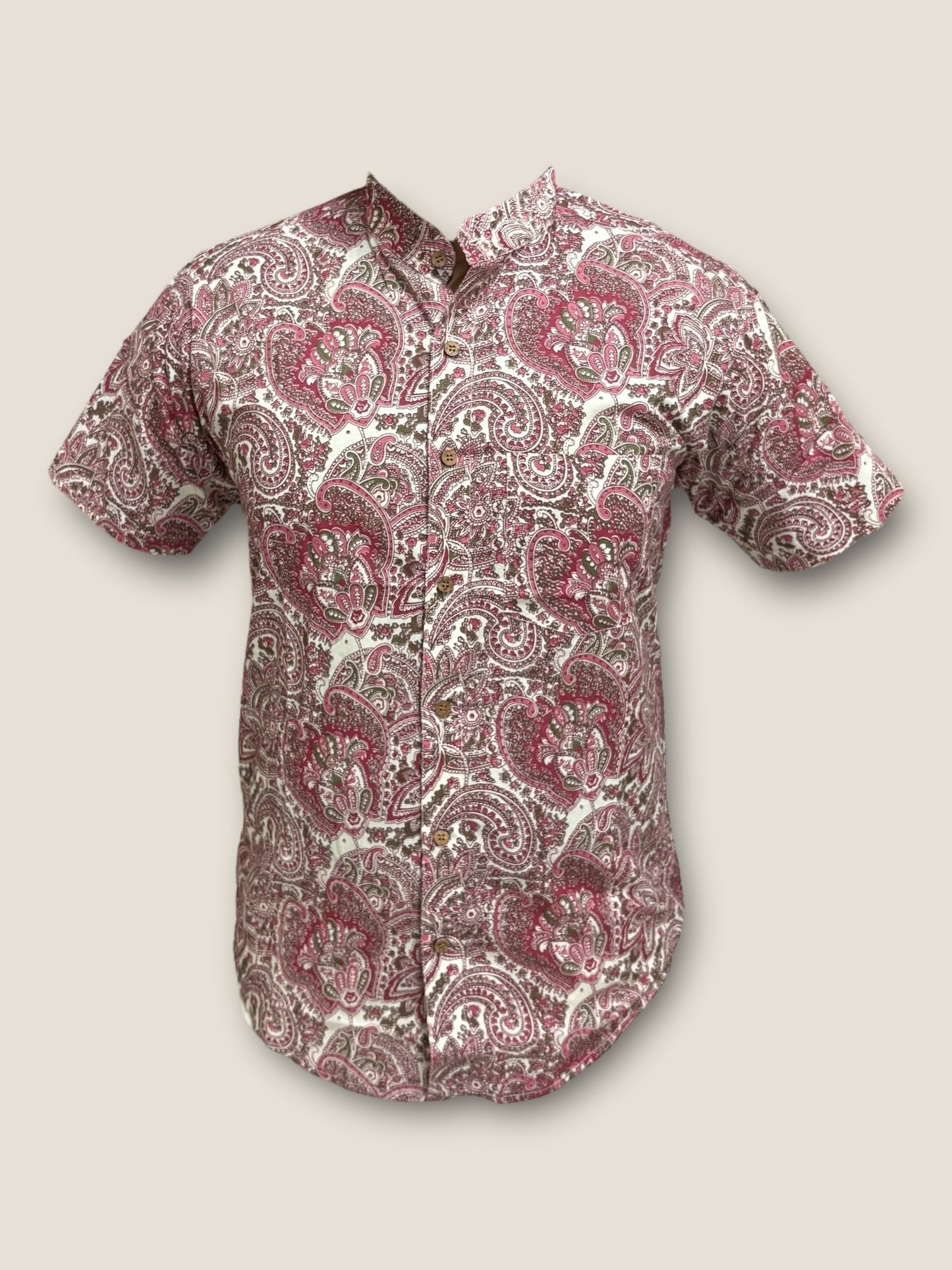 White & Pink Cotton Mandarin Collar Shirt