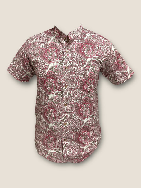 White & Pink Cotton Mandarin Collar Shirt