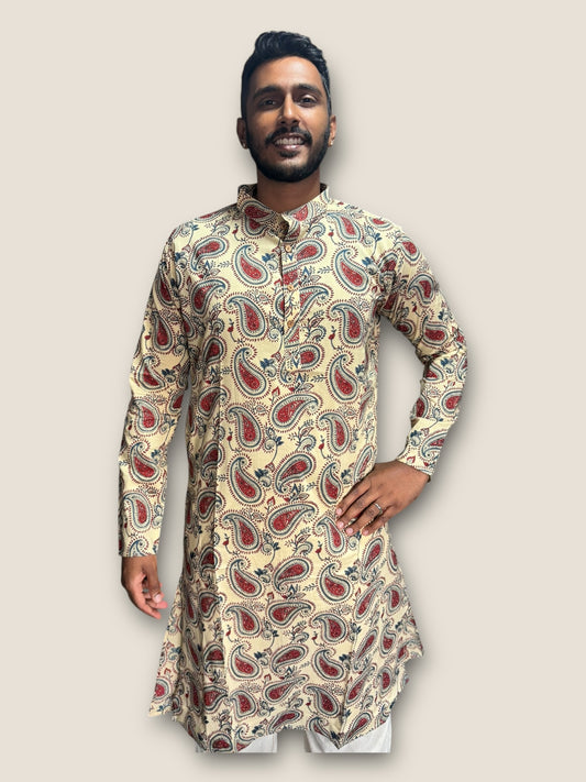 Cream x Maroon Paisley Cotton Long Kurta