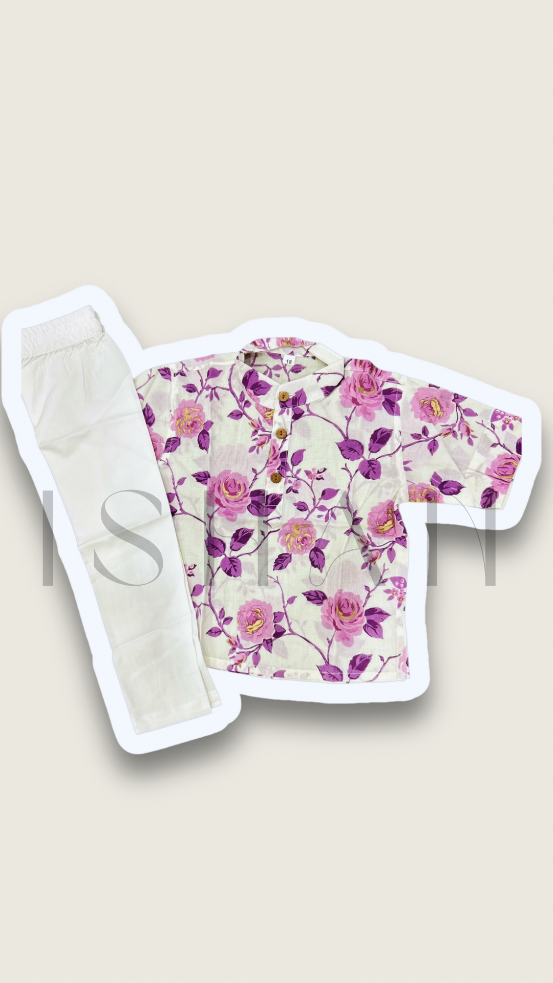 White Purple Rose Printed Cotton Kurta set