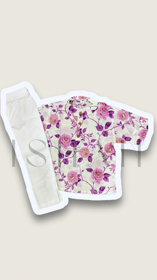 White Purple Rose Printed Cotton Kurta set