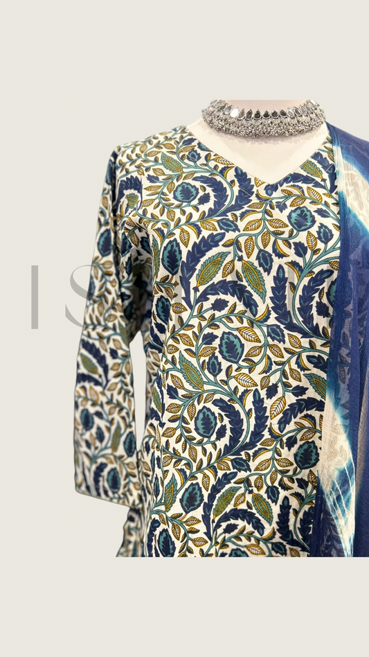 Blue Floral Printed Cotton Full Suit