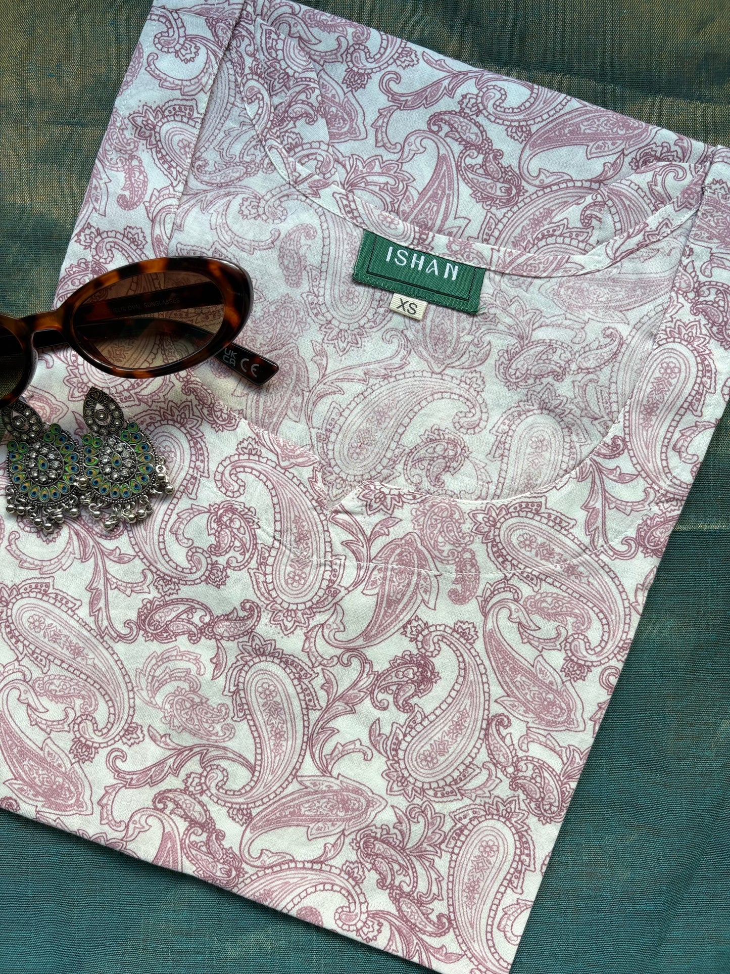 Paisley Pink on white Cotton Short Kurti Top