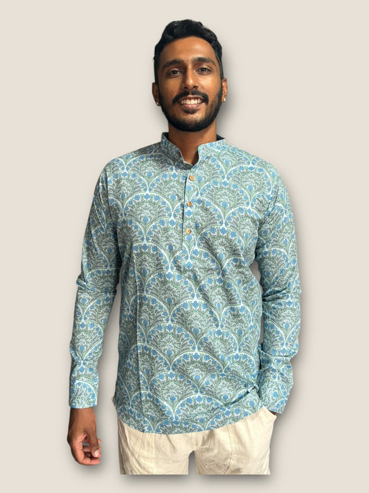 Grey x Light Blue Printed Cotton Kurta