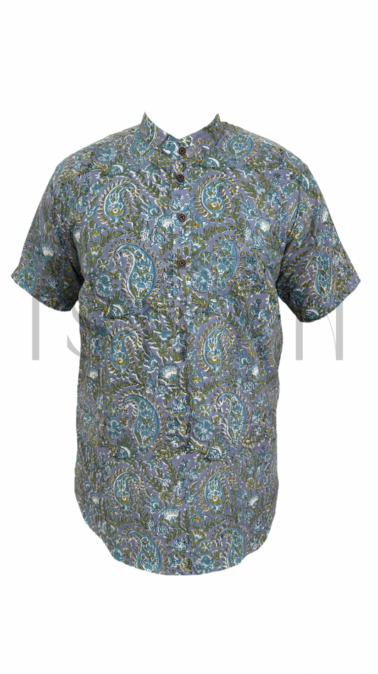 Blue Grey Paisley Printed Cotton Kurta