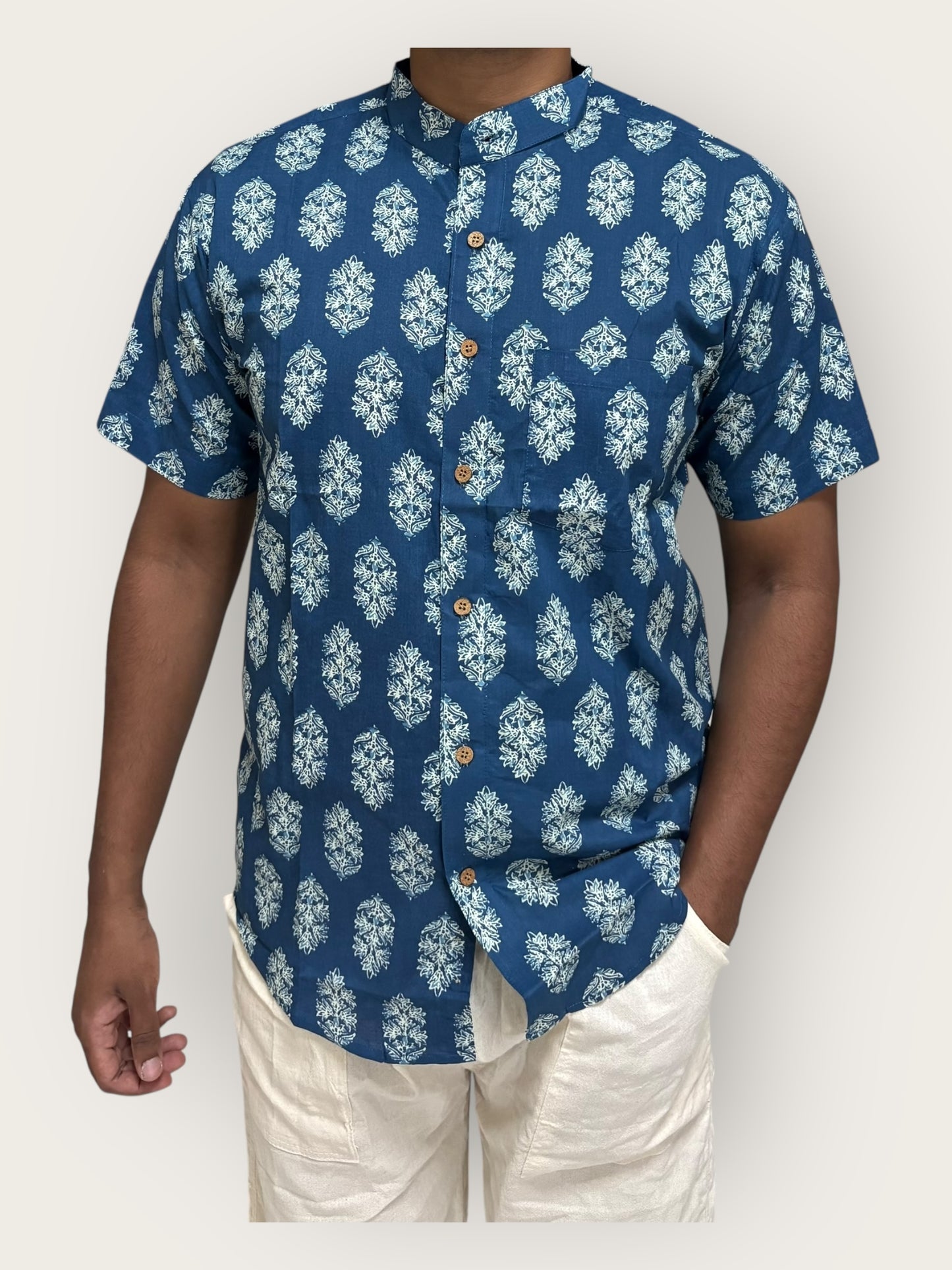 Blue Floral Cotton Mandarin Collar Shirt