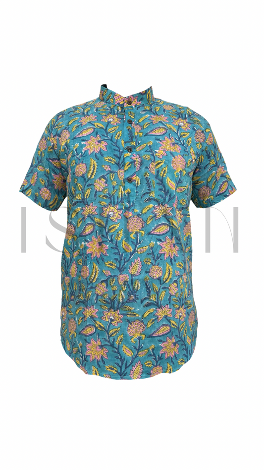 Blue Floral Printed Cotton Kurta