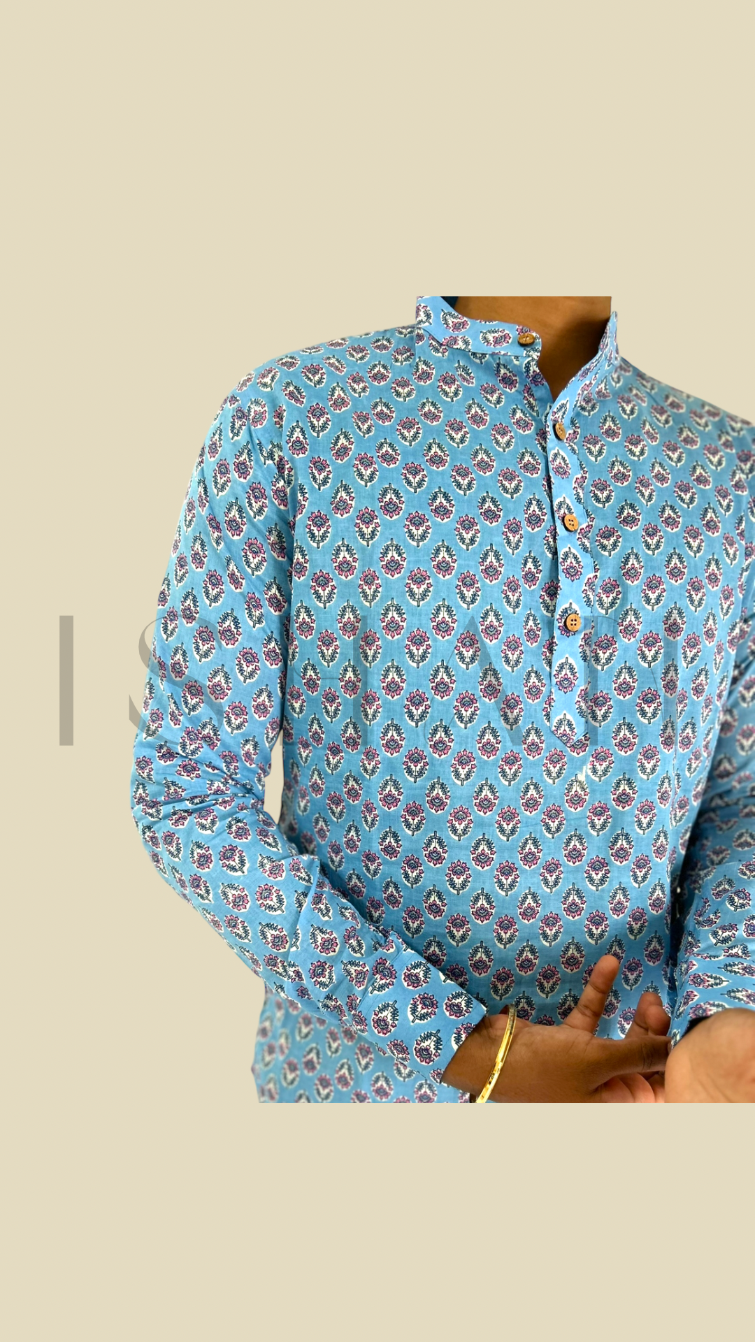 Light Blue with Floral Motifs Cotton Kurta