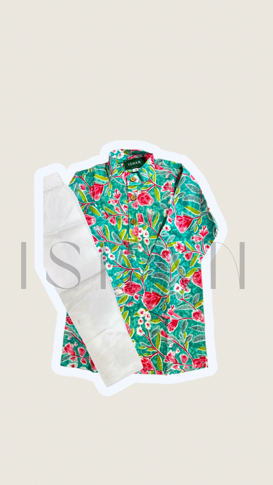 Turquoise Floral Printed Cotton Kurta set